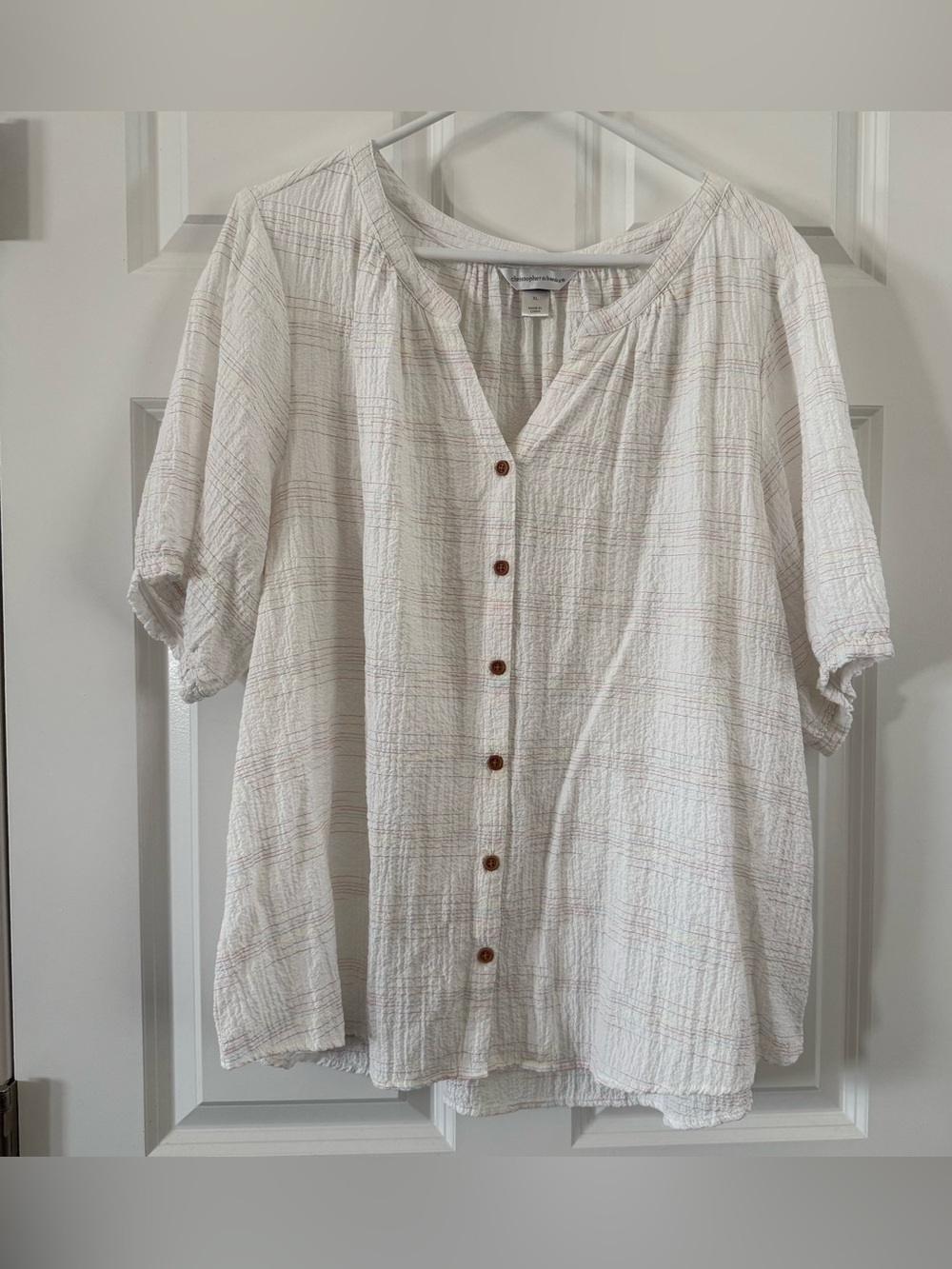 Christopher & Banks Cream faux Button-Front Short Sleeve Top